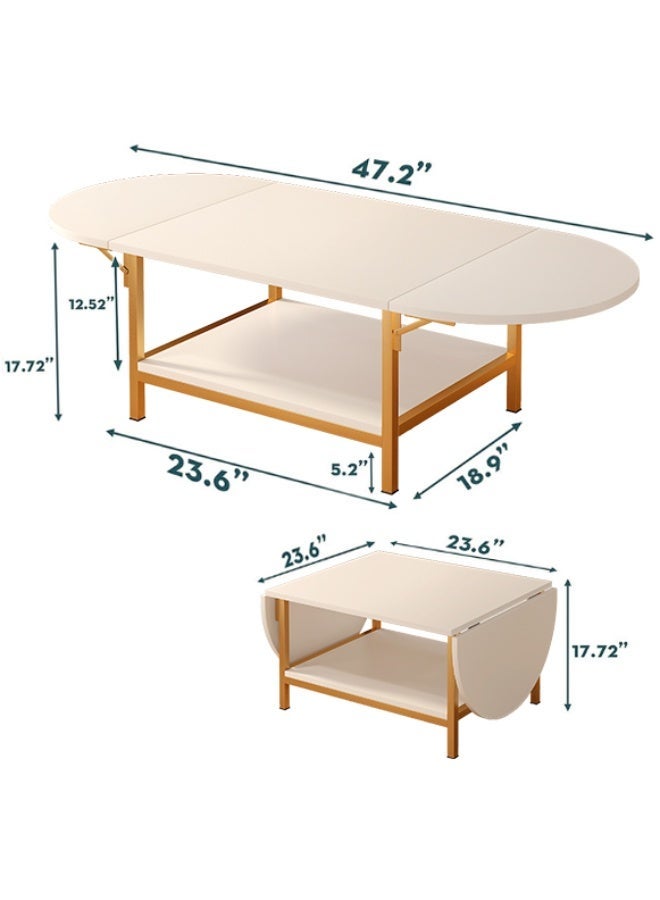 Folding Coffee Table with Storage Shelf, Extendable Oval Center Table with Gold Metal Frame, Modern 2-Tier White Coffee Table for Living Room, Office（CJ034） - Image 2